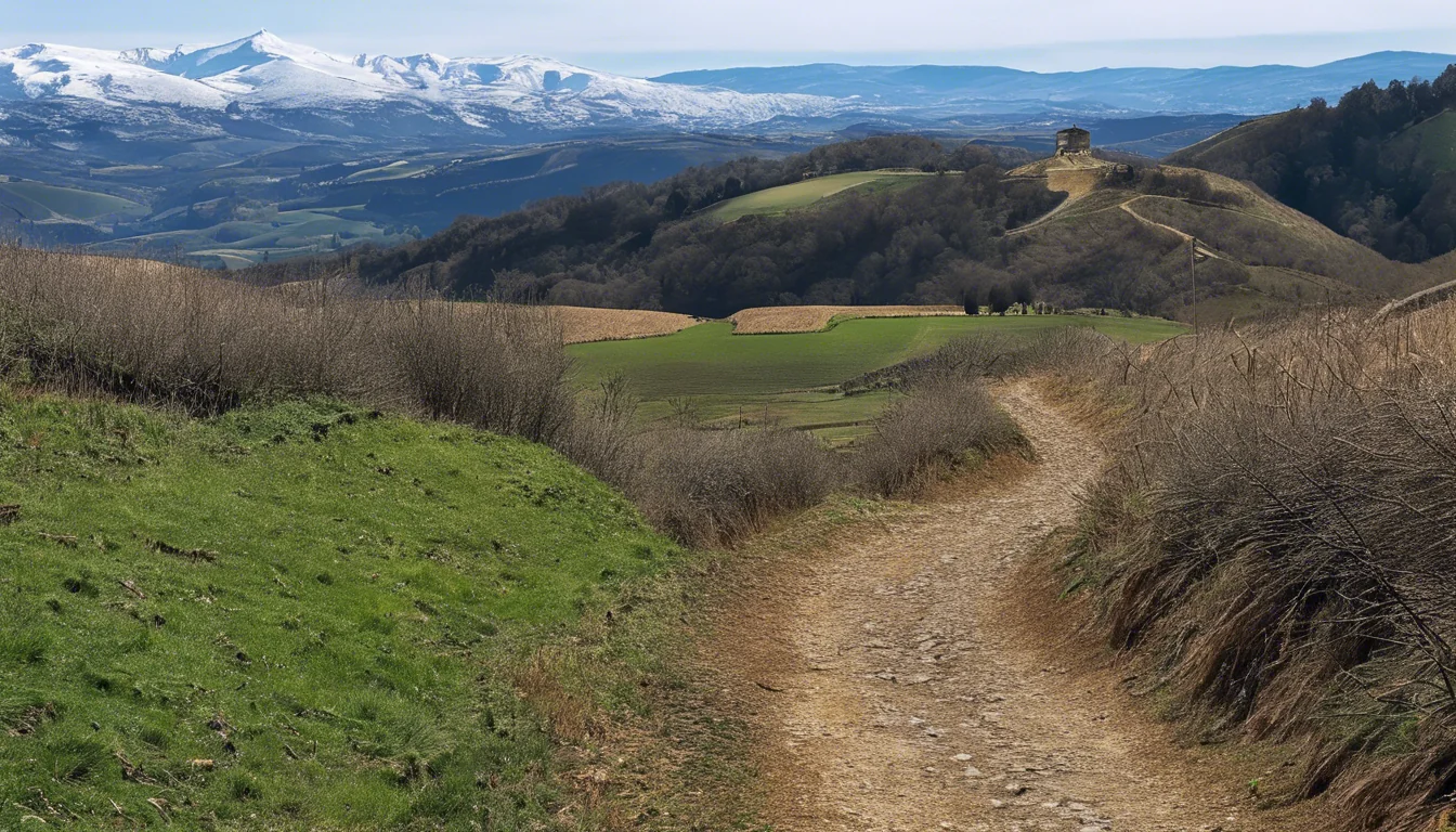 Camino de Santiago trail with view of snow-capped mountains in the distance
