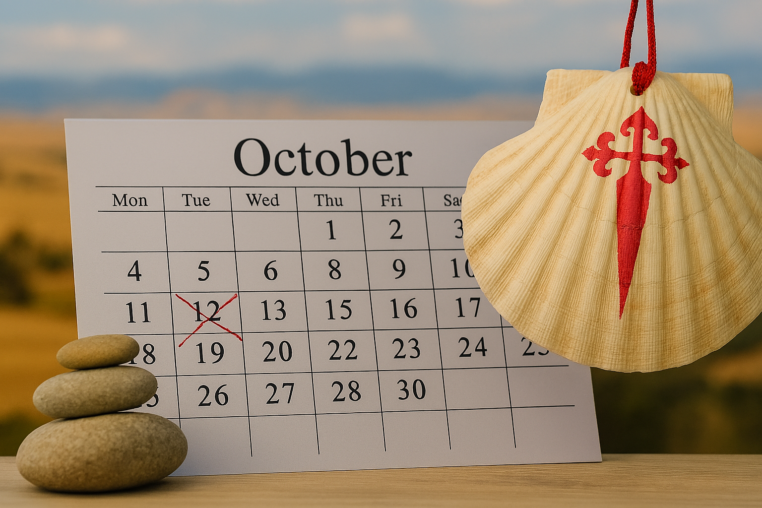 Stylized editorial graphic for “About Our Camino Calendars” featuring a parchment-toned map of northern Spain and Portugal with red Camino route lines. A bold red scallop shell—the symbol of the Camino—is centered on the map. Overlay text reads “ABOUT OUR CAMINO CALENDARS” in white uppercase letters, with a subheading “INCLUDES EASY INSTALLATION INSTRUCTIONS.” The design evokes tradition, travel, and planning, with muted teal and red tones that suggest historical depth and editorial clarity