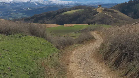 Camino de Santiago trail with view of snow-capped mountains in the distance