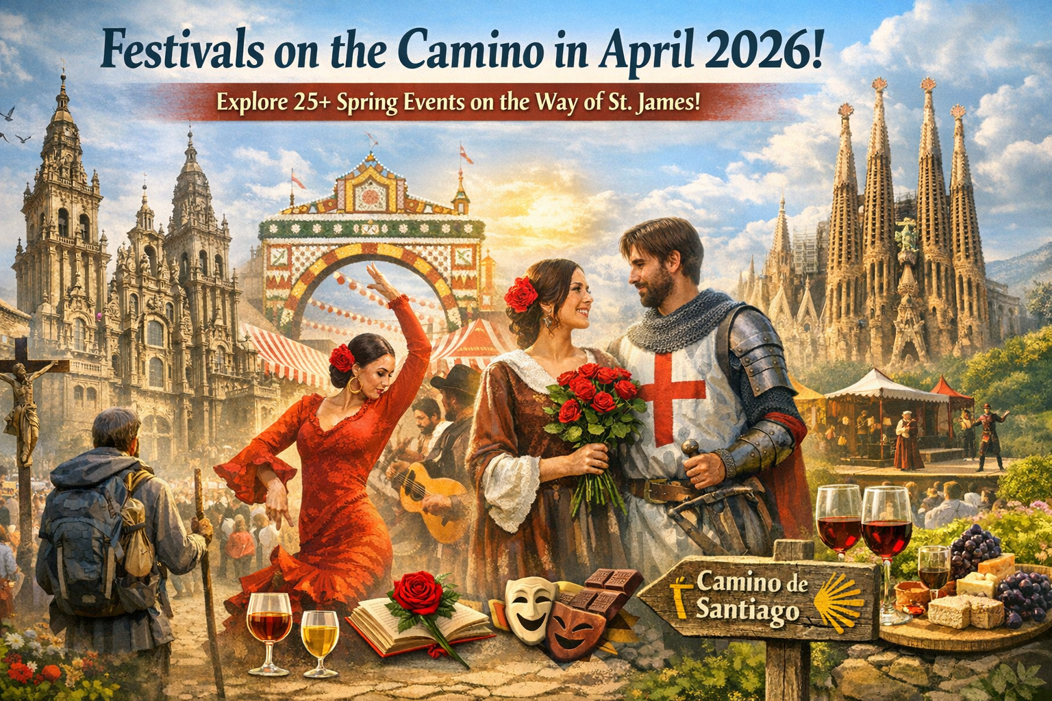 Spring festivals on the Camino de Santiago 2026 — collage of Santiago Cathedral, Seville Feria de Abril dancer, Barcelona Sant Jordi couple, and vineyard celebration, symbolizing 25+ cultural events along the Way of St. James.