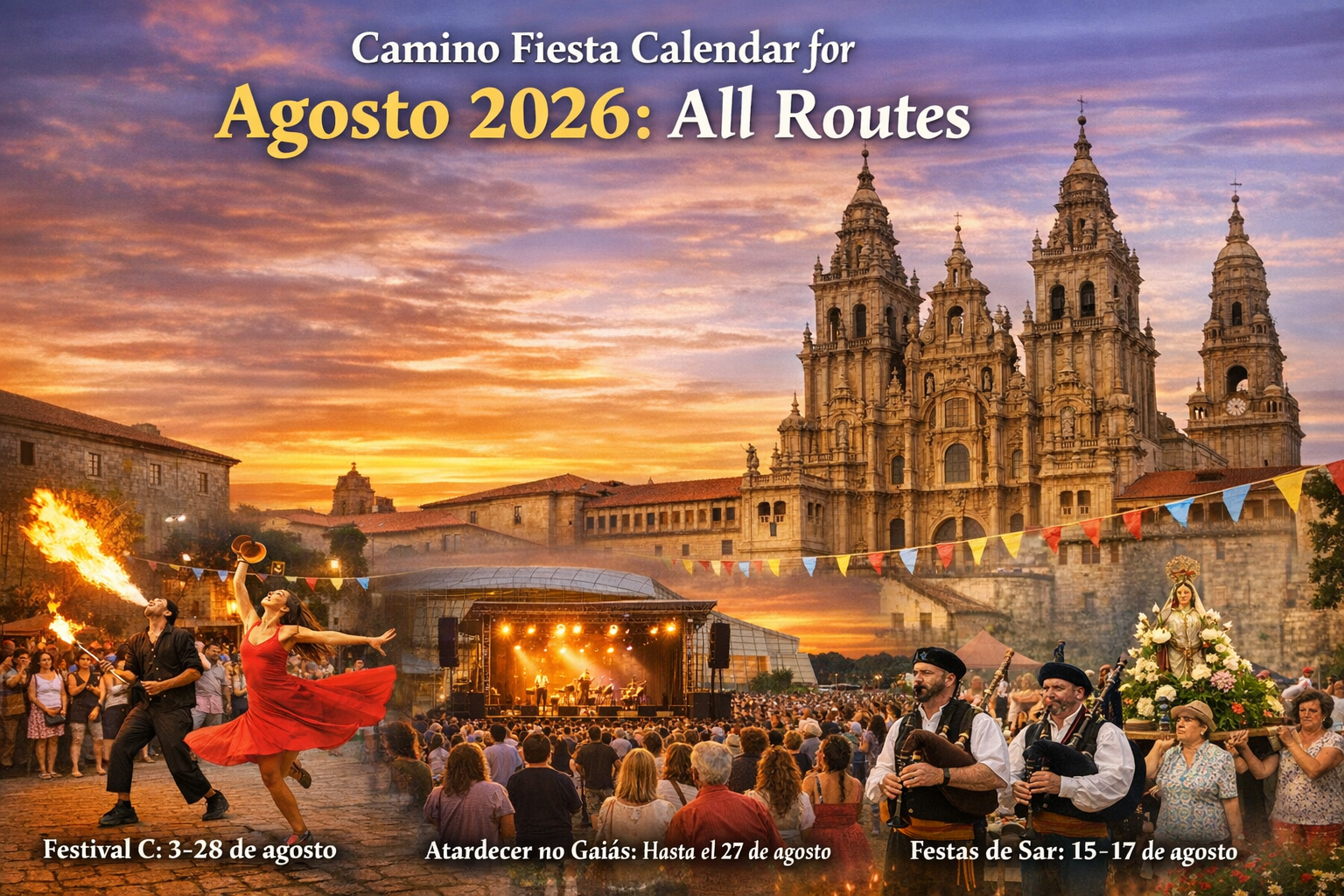 Camino de Santiago Events Calendar August 2026, showcasing verified summer festivals across all major pilgrimage routes. Highlights include the Semana Grande and Quincena Musical in San Sebastián with coastal fireworks and classical concerts; Aste Nagusia in Bilbao with txosnas and cultural programming; Festas da Peregrina in Pontevedra with religious processions and concerts; the Festa Major de Gràcia in Barcelona with decorated streets and popular culture; and the Festival de las Murallas in Pamplona with circus, dance, and theatre. Represents the vibrant artistic and festive spirit of August along the Way of St. James, from Basque fiestas to Galician pilgrim festivals.