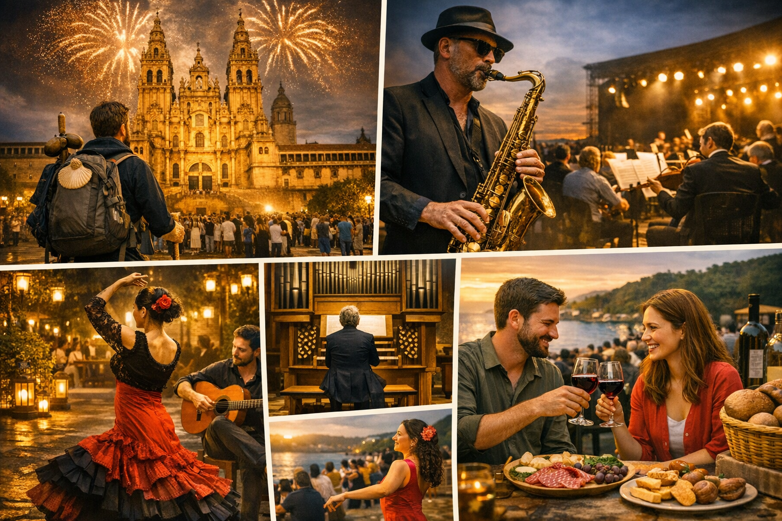 Camino de Santiago Events Calendar July 2026, showcasing verified summer festivals across all major pilgrimage routes. Highlights include the Fiestas del Apóstol Santiago in Santiago de Compostela with fireworks and pilgrim gatherings; BBK Live and Bilbao Blues Festival in Bilbao; the 45th Festival de la Guitarra in Córdoba; the 61st Jazzaldia in San Sebastián; the 72nd Festival de Teatro Clásico in Mérida; Zurbarán Rock in Burgos; the Grec Festival in Barcelona; Astures y Romanos in Astorga; Noche Templaria in Ponferrada; Festival da Cereixa e do Viño in Quiroga; and the Gijón Sound Festival. Represents the vibrant artistic and festive spirit of July along the Way of St. James, from coastal jazz to mountain folklore and cathedral concerts.