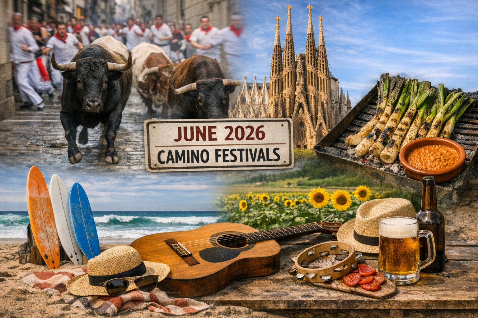Camino de Santiago Events Calendar June 2026, showcasing verified summer festivals across all major pilgrimage routes. Highlights include O Son do Camiño in Santiago de Compostela with international headliners; Primavera Sound and Sónar in Barcelona; the 75th Festival de Música y Danza in Granada; BBK Music Legends in Bilbao; Arde Lucus Roman re-enactment in Lugo; San Bernabé in Logroño; San Juan y San Pedro in León; Icónica Sevilla Fest; Noche Blanca del Flamenco in Córdoba; Surfing the Lérez in Pontevedra; VESU festival in Oviedo; and Festas de Ourense and San Juan de Sahagún in Salamanca. Represents the vibrant artistic and festive spirit of June along the Way of St. James, from coastal surf festivals to mountain folklore and cathedral concerts.