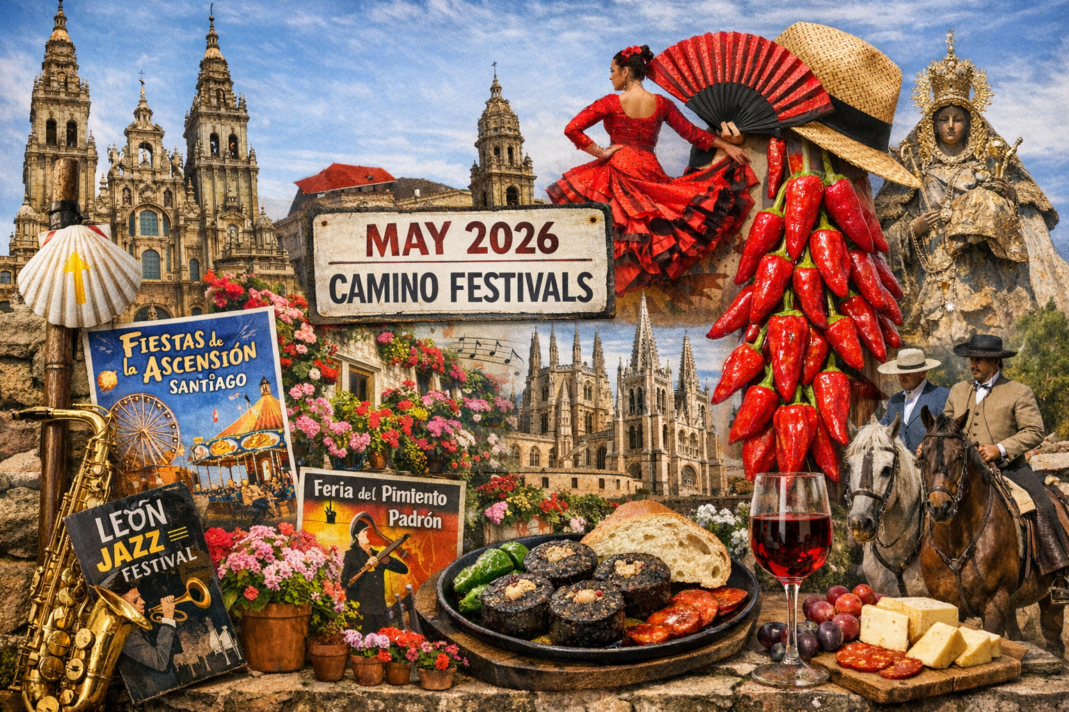 Camino de Santiago Events Calendar May 2026, showcasing verified spring festivals across all major pilgrimage routes. Highlights include the Fiestas de la Ascensión in Santiago de Compostela with traditional pulpadas and concerts; the Primer Viernes de Mayo historical reenactment in Jaca; the Fiesta de las Flores floral display in Burgos; the Festival de los Patios and Feria de Nuestra Señora de la Salud in Córdoba; the Día de la Cruz celebrations in Granada; WOMAD world music in Cáceres; Emerita Lvdica Roman festival in Mérida; and the Festa dos Maios spring traditions across Galicia. Represents the vibrant cultural spirit of May along the Way of St. James, from mountain reenactments to Andalusian patios and Galician spring rites.