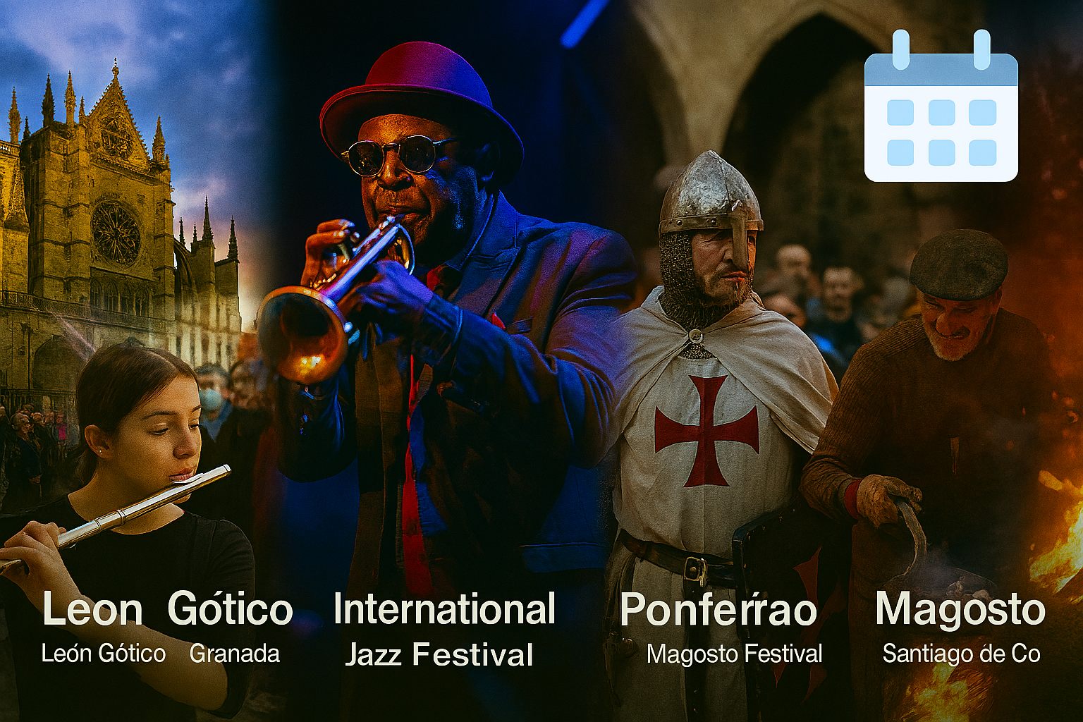 All Routes Camino events Calendar for November 2025. The image blends four scenes: pilgrims at Santiago Cathedral in autumn light, a brass band procession in a historic Spanish street, a man roasting chestnuts during São Martinho celebrations, and a dramatic bonfire ritual from Semana de Veguilla.