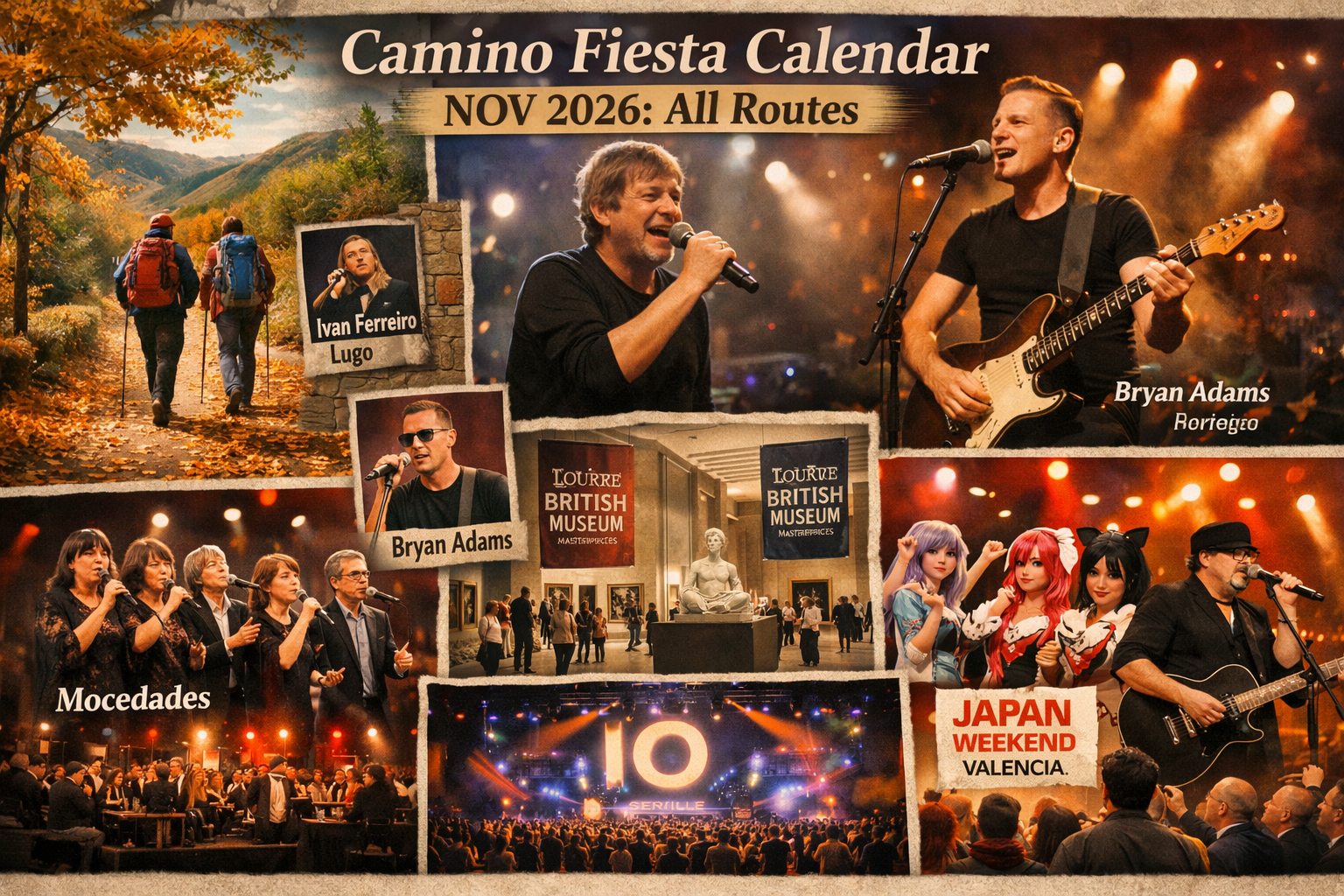 Autumn leaves on the Camino path with concert venues and cultural exhibition halls, representing the mix of outdoor autumn hikes and indoor cultural events across Spain in November 2026.