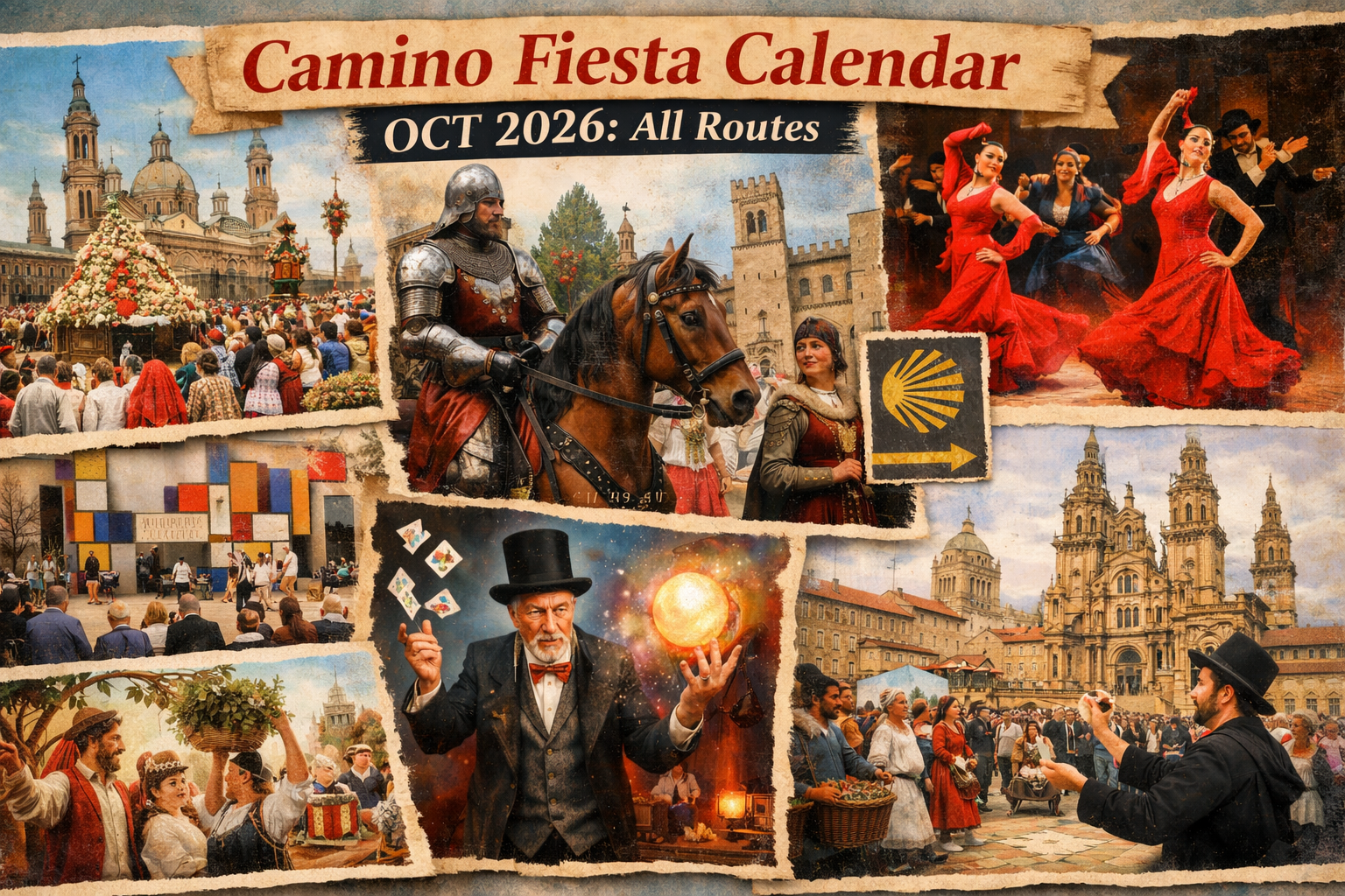 Camino de Santiago Events Calendar October 2026, showcasing verified autumn festivals across all major pilgrimage routes. Highlights include the Fiestas del Pilar in Zaragoza with traditional offerings and concerts; Burgos Cidiano medieval festival; Bienal de Flamenco in Sevilla; Encuentros de Pamplona cultural biennial; San Froilán celebrations in León; and magic festivals in Barcelona and Santiago de Compostela. Represents the vibrant artistic and festive spirit of October along the Way of St. James, from harvest festivals to cultural biennials and medieval recreations.